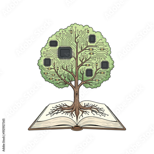 Illustration of a tree with circuit board leaves growing from an open book, symbolizing technology and knowledge