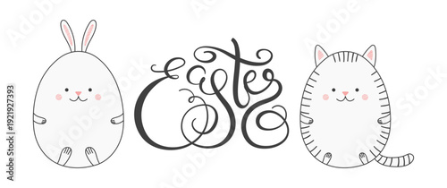 Cute cat, bunny Easter egg cartoon character illustration. Hand drawn line design element, isolated vector. Holiday clip art, seasonal card, banner, poster