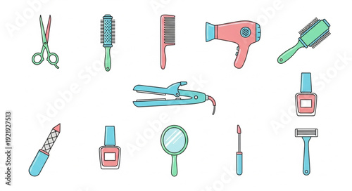 Collection of beauty and hair care tools and products.