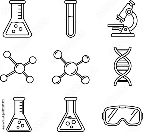 Collection of science icons representing research, chemistry, and biology experiments