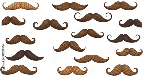 Collection of various styles of brown mustaches on a white background.