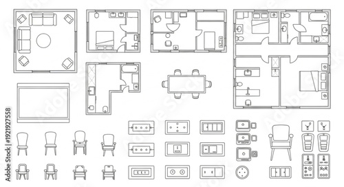 Collection of architectural floor plans and furniture layouts.