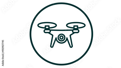 A dark teal drone outline inside a dark teal circle, set against a solid white background