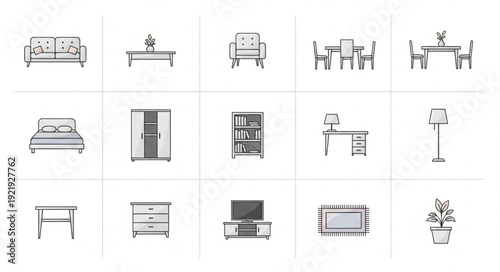 Collection of hand-drawn furniture icons for interior design.