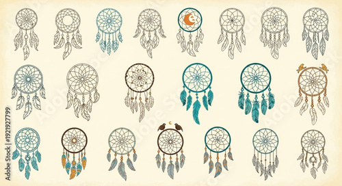 Collection of Native American Dream Catchers with Feathers and Beads.