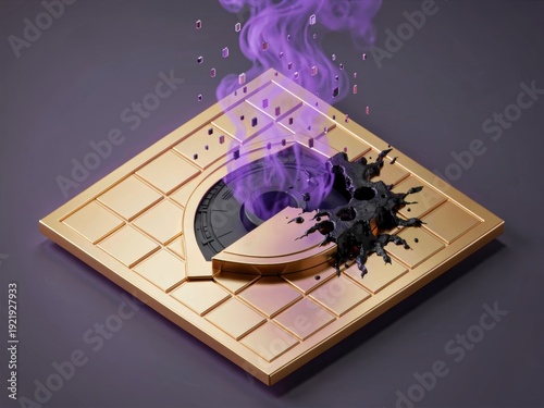 Isometric Gold Shield Grid Corroding Revealing Corrupted Data Core