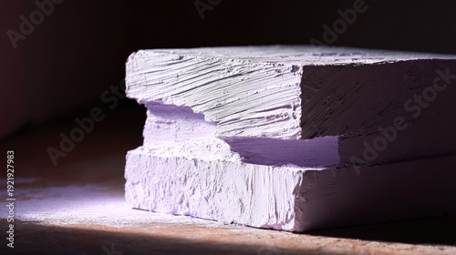Close-up of a rough-cut, lavender-colored block sculpture in soft light, with textured surfaces