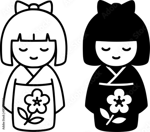 Japanese icon, vector illustration of kokeshi, black and white in outline and silhouette design style