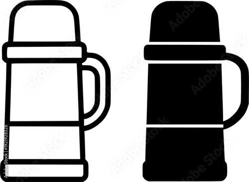 Icon, vector illustration of thermos, black and white in outline and silhouette design style