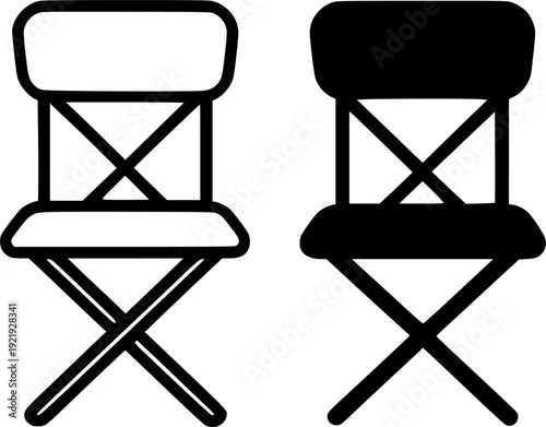 Furniture icon, vector illustration of folding chair, black and white in outline and silhouette design style