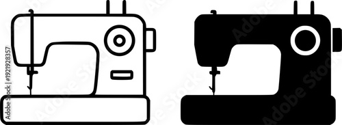 Icon, vector illustration of sewing machine, black and white in outline and silhouette design style