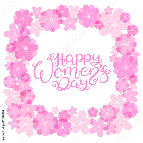 Happy Womens Day hand lettering quote in floral frame. Feminism, women rights, gender equality celebration. Girl power. Written text, brush calligraphy. Vector illustration, design element, graphics.