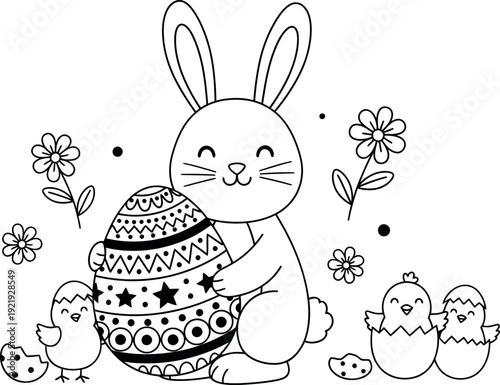 Charming Easter bunny hugging a beautifully decorated egg surrounded by joyful chicks and spring flowers coloring page outline illustration