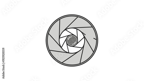 A grey and black illustration of a camera aperture, with blades arranged in a circle