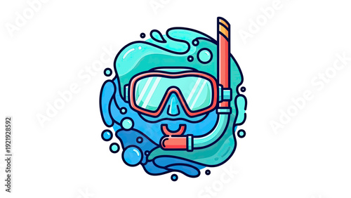 Cartoon illustration featuring diving mask, snorkel, and water splashes