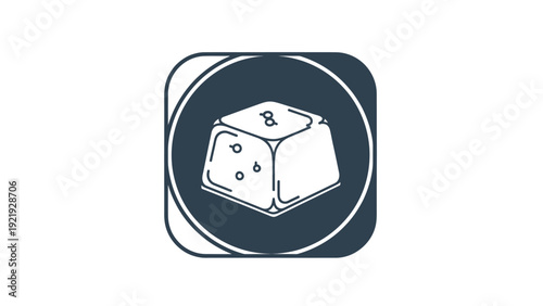 A square-shaped, stylized illustration of a white sugar cube with dots, in a dark blue circle