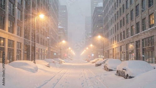 Metropolitan Street Buried in Deep Snow Under Sodium Vapor Lights