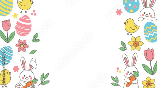 Cute Easter bunnies chicks eggs and colorful spring flowers create a cheerful holiday season border frame design vector illustration
