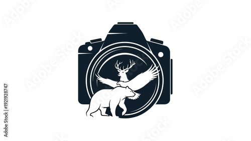 A camera silhouette with wildlife figures inside; a deer, eagle, and bear