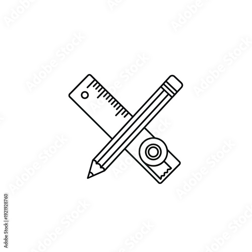 A black and white line drawing of a pencil, ruler, and tape dispenser crossing