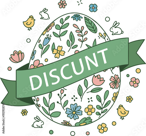 Festive Easter egg illustration with colorful floral patterns a green discount ribbon and cute spring animals perfect for holiday sales