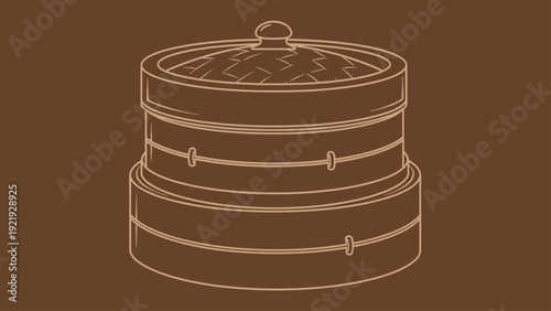 Illustration of a traditional bamboo steamer, with a domed lid and multiple layers