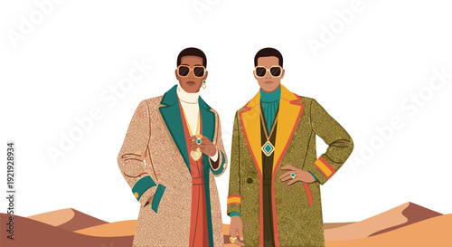 Two fashionable men wearing long coats and sunglasses stand confidently in a desert landscape with sand dunes.