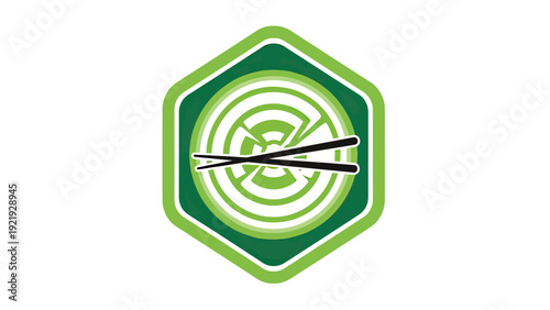 Green and white hexagonal logo featuring chopsticks over circular design