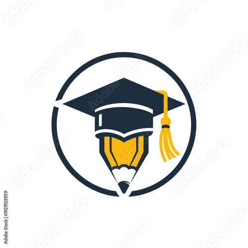 A pencil shaped like a graduation cap inside a circle with a yellow tassel