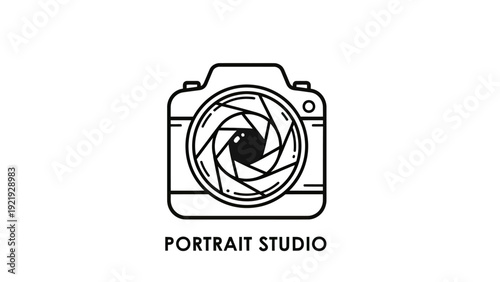 Black and white line art of a camera with an open aperture, "PORTRAIT STUDIO" text below