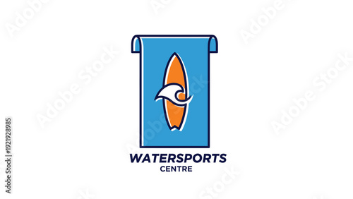 A watersports logo features a surfboard and wave on a blue scroll. Text below says watersports centre