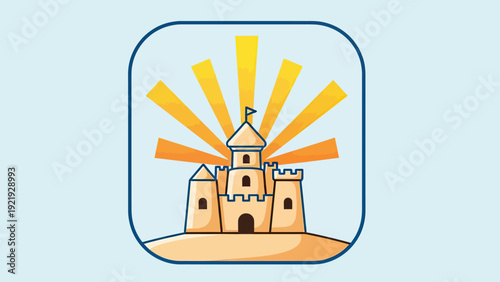 Cartoon-style sandcastle with rising sun rays enclosed in a rounded square frame