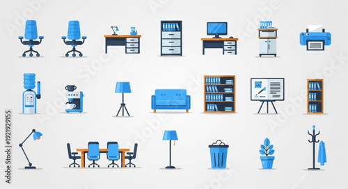 Collection of modern office furniture and equipment icons.
