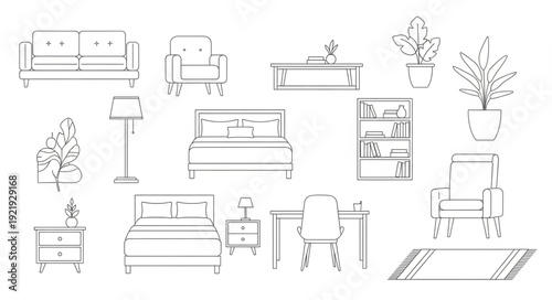 Collection of interior design furniture and plant sketches.