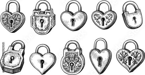 Vintage padlocks. Big collection of ink sketches. Hand-drawn engraving illustrations.
