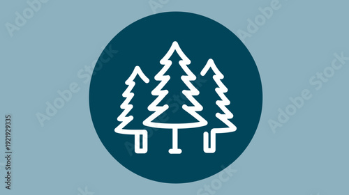 A white illustration of three pine trees inside a dark blue circle on a light blue background
