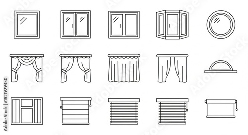 Collection of various window and curtain designs in sketch style.
