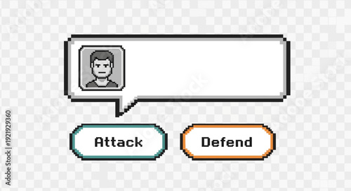 Pixel Art Battle Interface with Attack and Defend Options.