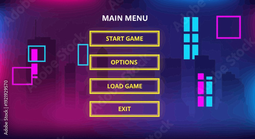 Vibrant Game Menu with Start Options Load and Exit Buttons.