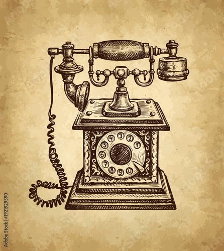 Detailed engraving illustration of an antique corded rotary dial telephone on a decorative base. Retro vintage design on an aged paper background.