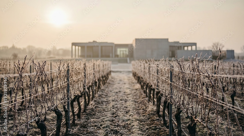 Obraz premium Dormant Winter Vineyard Vines with Light Morning Frost and Modern Winery