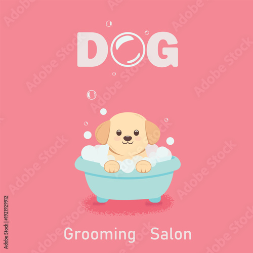 A cute Labrador in a bath. Grooming salon poster.
