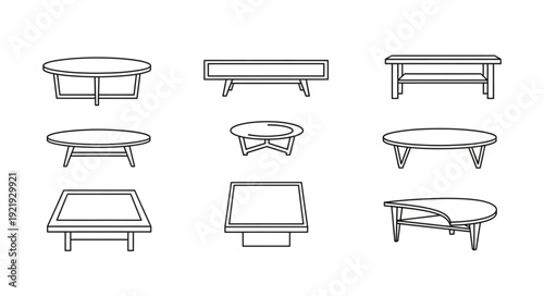 Collection of nine coffee table line drawings.