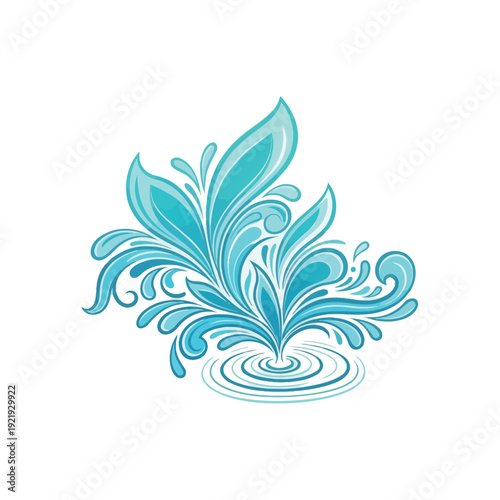 The blue floral illustration emerges from rippling water on a white background.