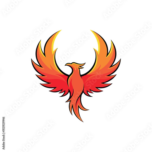 Vibrant phoenix illustration with fiery wings, symbolizing rebirth and mythical creature, in a graphic design, viewed from front