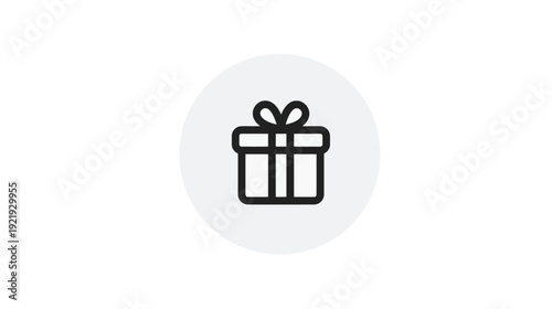 A simple, black line art icon of a gift box, with ribbon, placed in a light grey circle