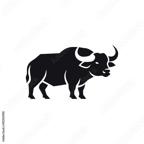 Black silhouette of a bison standing in profile on white background, illustration