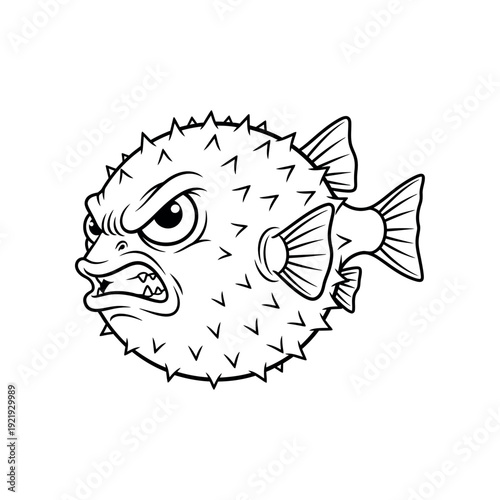An angry pufferfish with sharp spikes looks to the left in an illustration.