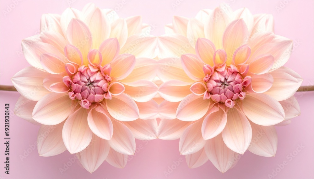 Fototapeta premium Symmetrical Composition of Two Soft Pink Dahlia Flowers on Pink Background