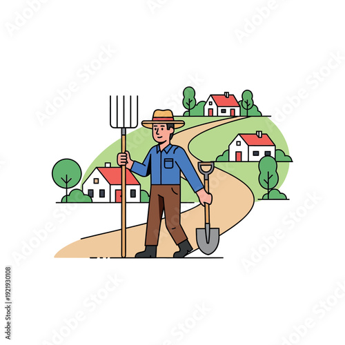 Farmer standing on a winding dirt path with farm tools in a rural landscape with houses and trees
